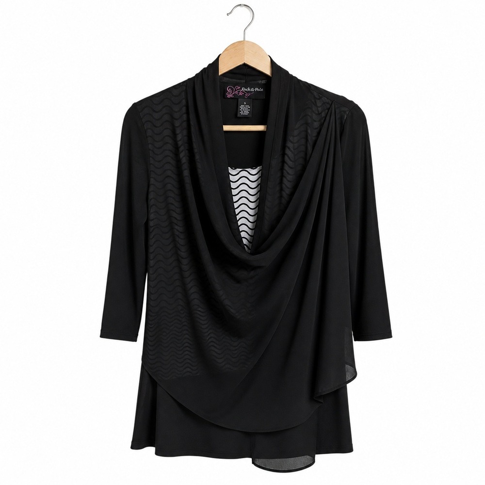 Peck‎ & Peck Black Drape Blouse Black and White Inset Sz Small